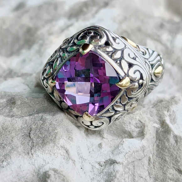 Samuel Benham 925 Sterling Silver 18k Gold Amethyst Designer Size 6.75 Ring BJC - Picture 3 of 12